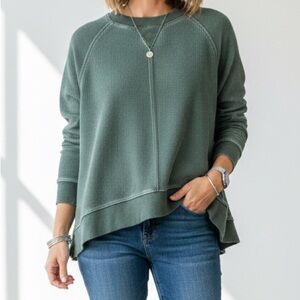 Green Ribbed Crewneck Sweatshirt Washed Look | Relaxed Fit | Size Medium